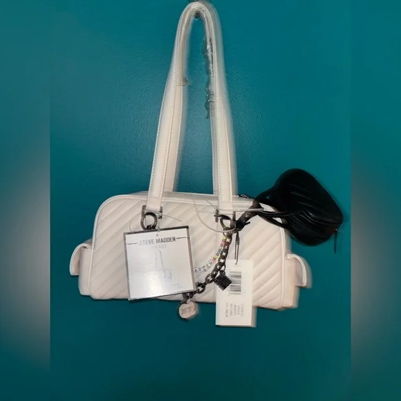 Steve Madden Bmikey Quilted Satchel – White/Black Charm Bag, NWT - Picture 4 of 6